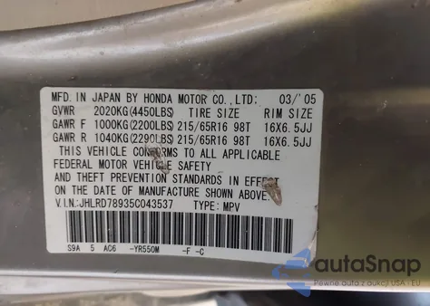 2005 Honda Cr-V Se z USA, uszkodzony, nr VIN JHLRD78935C043537